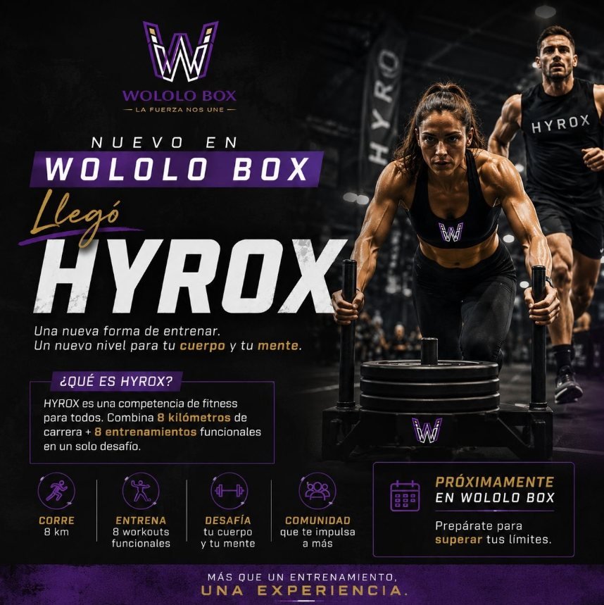 Anuncio de HYROX en Wololo Box: 8 kilómetros de carrera y 8 entrenamientos funcionales
